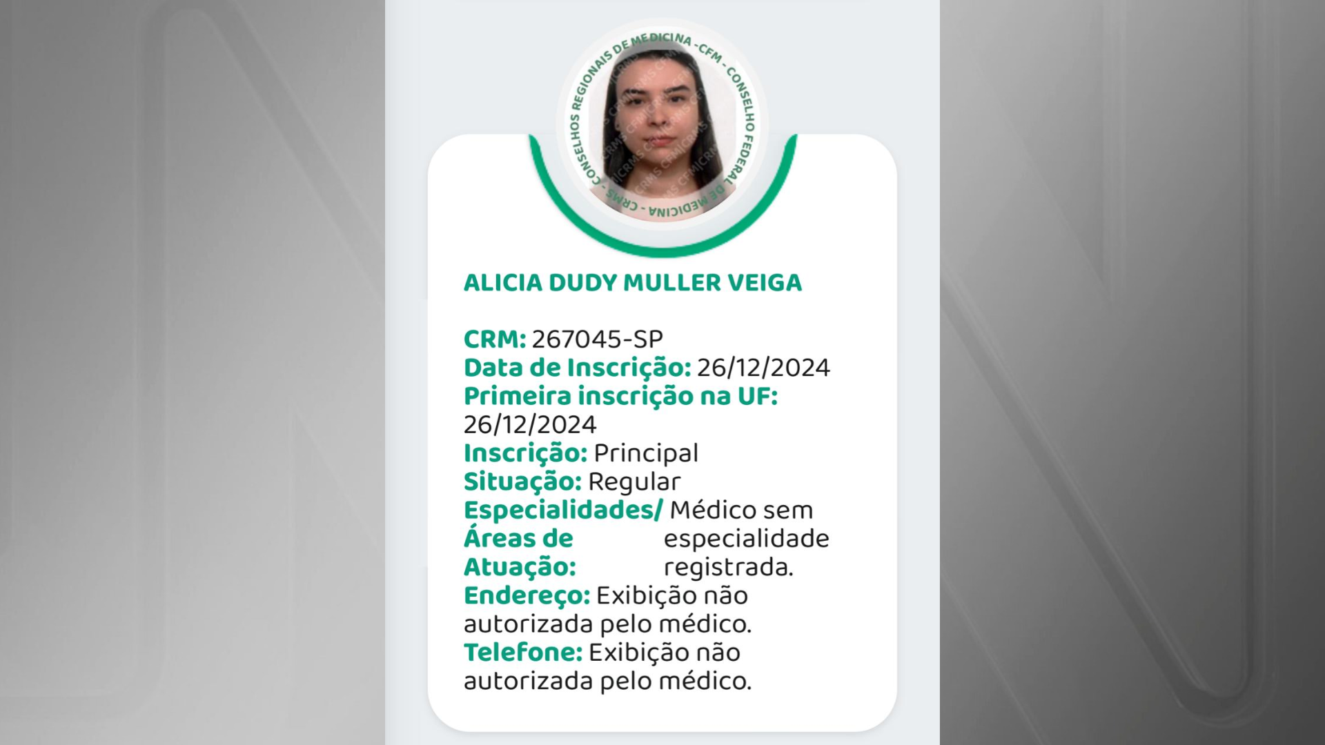 Imagem mostra registro profissional de Alicia Dudy Muller Veiga, que ficou conhecida por desviar dinheiro de formatura